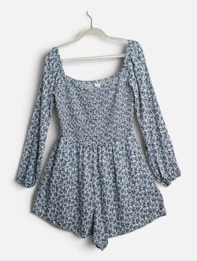 Hollister Blue Ditsy Floral Smocked Long-Sleeve Romper Size Large